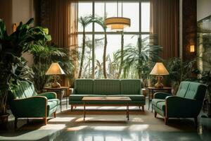 hotell lobby med årgång stil möbel profesional fotograpi ai genererad foto