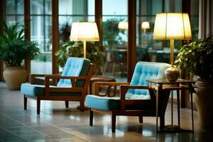 hotell lobby med årgång stil möbel profesional fotograpi ai genererad foto