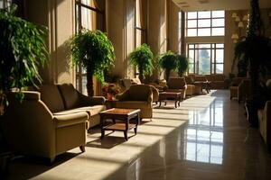 hotell lobby med europeisk stil möbel profesional fotograpi ai genererad foto