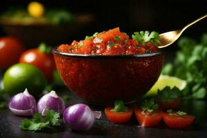 en sked av salsa. de salsa är tillverkad av tärnad tomater, röd lök, och Koriander. foto