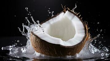 halvor av en kokos med vatten stänk isolerat på bakgrund, friska tropisk mat. foto