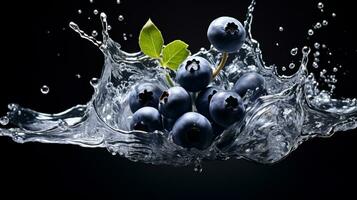 färsk saftig blåbär frukt med vatten stänk isolerat på bakgrund, friska frukt foto