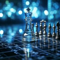 närbild av en spel av schack teknologi design visa företag förvaltning prestanda och finansiell flöden, strategi styrelse spel, problem lösning foto