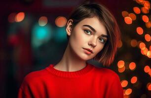 kvinna modell röd Tröja vinter. generera ai foto