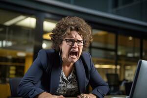 plus storlek företag chef i de kontor gråt arg ansikte, huvud colombianska kvinna 60 år gammal i kontor kläder. foto