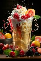 milkshake i en klar glas av frukt i de bakgrund med mjölk stänk och droppar foto