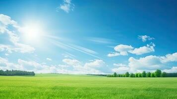 skön sommar landskap med grön äng och blå himmel med moln. generativ ai foto