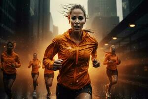 kvinna idrottare tar en snabbt jogga i de regn foto