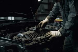 professionell mekaniker arbetssätt i bil reparera affär. bil service och underhåll begrepp. generativ ai foto