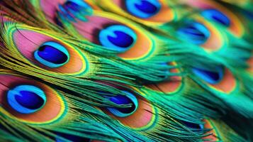 elegant läder färgrik påfågel fjäder bakgrund. generativ ai foto