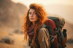 kvinna med ryggsäck vandring i berg. generativ ai foto