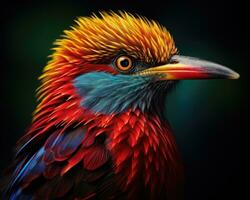 färgrik ara papegoja porträtt med ljus fjäderdräkt och skarp näbb på mörk grön bakgrund ai generativ foto