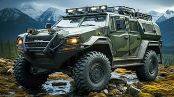 kamouflage militär fordon på en klippig berg oländig och äventyrlig av vägen ai genererad foto