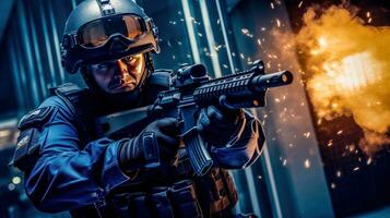 taktisk team medlem i rustning och hjälm innehav en pistol och en granat i en mörk miljö ai genererad foto