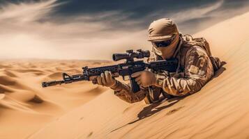 öken- prickskytt krigföring infanterist liggande på sand dyn med pistol ai genererad foto