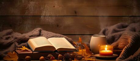 mysigt begrepp för höst eller vinter- med böcker ljus och avslappning foto