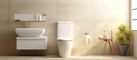 toalett placerad i eleganta ljus badrum med vit handfat foto