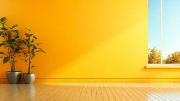 ljus orange vägg och trä- golv ett tömma rum med en solig se ai generativ foto