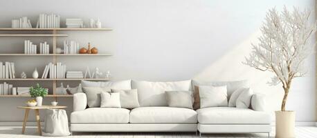 scandinavian stil illustration av en vit levande rum med en soffa foto