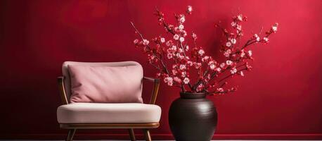fåtölj Nästa till röd vägg med blommande kinesisk plommon grenar inomhus foto
