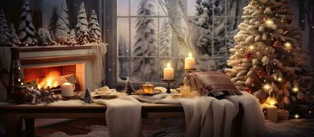 de förtjusande jul atmosfär rum med öppen spis artificiell snö kransar filt och varm drycker bricka foto