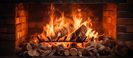 brinnande trä inuti en tegel spis producerar lågor och aska foto