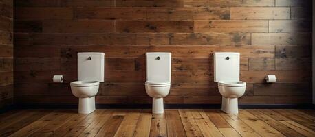 trä- golv toalett med toalett och bidé foto
