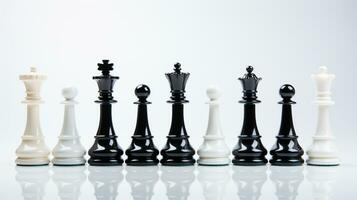 schack spel använda sig av strategier till regler de styrelse, beslut framställning match, schack bit isolerat på vit bakgrund, ai genererad foto