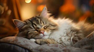 lugnt sovande bebis katt, mysigt söt kattunge tupplur, ai generativ foto