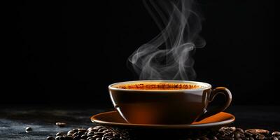 uppfriskande kopp av varm kaffe på en tabell isolerat på svart bakgrund, kopia Plats, mysigt värma humör, ai generativ foto