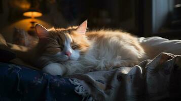 lugnt sovande bebis katt, mysigt söt kattunge tupplur, ai generativ foto