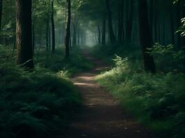 skönhet av en dimmig mörk skog fångande de efterhängsen effekter av förorening, generativ ai foto