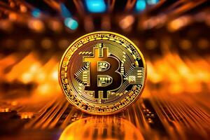 bitcoin med teknologisk gyllene bakgrund. kryptovaluta bitcoin de framtida mynt. generativ ai. foto