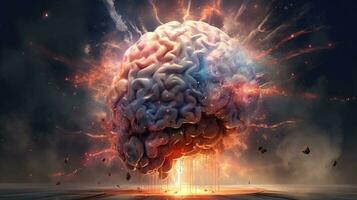 en mänsklig hjärna exploderande med kunskap och kreativitet. kreativ hjärna. generativ ai foto