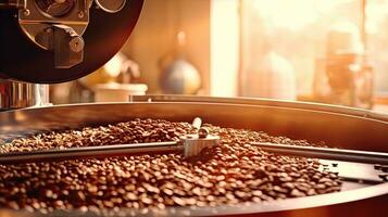 arabica eller robusta kaffe bönor, kaffe stekare, aromatisk kaffe bönor situera i modern Utrustning med spannmål kylare. kaffe böna rosten maskin. industri begrepp. generativ ai foto