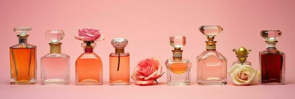 grupp av annorlunda parfym flaskor och provtagare på en rosa blommig bakgrund. parfymer samling. generativ ai foto