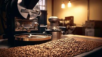 kaffe stekare, aromatisk kaffe bönor situera i modern Utrustning med spannmål kylare. kaffe böna rosten maskin. industri begrepp. generativ ai foto