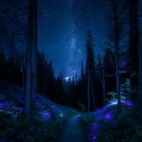 mystisk månljus skog lugn natur natt bakgrund, ai generativ foto