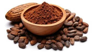 kakao Ingredienser med kakao bönor och kakao massa isolerat på vit bakgrund. generativ ai foto