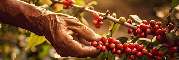 lantbruk plockning kaffe bär, bondens hand plockning arabica kaffe bär eller robusta bär förbi de händer. vietnam. generativ ai foto