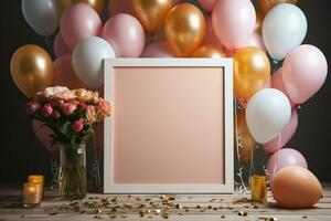 topp se födelsedag mockup, ram, pastell ballonger, konfetti, platt lägga ai genererad foto