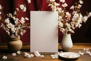 bröllop mockup, blommor, gypsophila, vit papper lista, platt lägga ai genererad foto