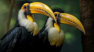 två bra hornbill coraciiformes hornbill fågel. generativ ai foto