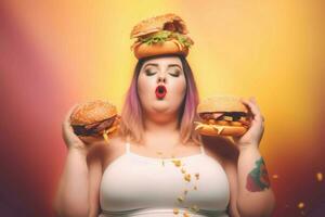 fett kvinna hamburgare. generera ai foto