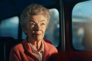 gammal kvinna buss resa. generera ai foto