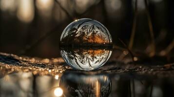 värld fotografi dag, skog reflexion i daggdroppe på grön blad. ai genererad. foto