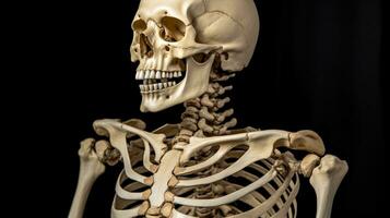 mänsklig skelett, svart bakgrund isolera. vetenskaplig kropp anatomi, medicinsk utställning. ai genererad. foto