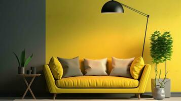 samtida trendig gul levande rum på grön begrepp design. modern soffa och golv lampa. generativ ai foto