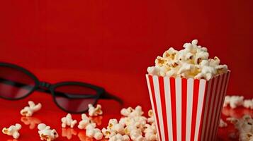skaffa sig redo för film natt, en ljus röd bakgrund med glasögon och popcorn. generativ ai foto