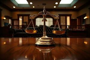 skalor av rättvisa på de trä- tabell i domstol hall. lag begrepp av dömande, juridik och rättvisa och företag finansiell skydd förbi lag. generativ ai foto